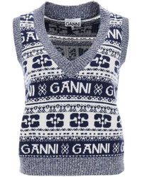 Ganni - Logo-intarsia V-neck Wool-blend Vest - Lyst