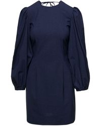 Ganni - Mini Navy Blue Open-back Dress With Balloon Sleeves In Stretch Viscose Blend Woman - Lyst