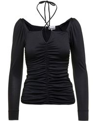 Ganni - Black Blouse With Criss-cross Straps And Long Sleeves In Recycled Fabric Woman - Lyst