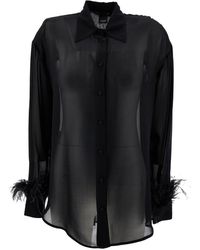 Pinko - 'circe' Black Semi-sheer Shirt With Feathers On Cuffs In Viscose Woman - Lyst
