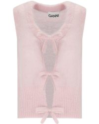 Ganni - Pink Sleeveless Cardigan With Bows - Lyst