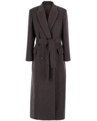 Brunello Cucinelli - Double-Breasted Coat With Peak Revers And Front Belt - Lyst