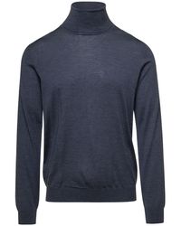 Laneus - Grey Sweater With Turtleneck And Ribbed Trim In Wool And Silk Man - Lyst