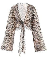 Ganni - Cover Up Cropped Top In Mesh With Leopard Print - Lyst