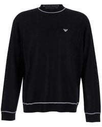 Emporio Armani - Black Sweater With Logo Embroidery In Wool Woman - Lyst