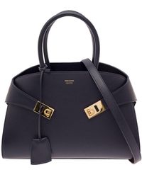 Ferragamo - 'hug M' Blue Handbag With Logo And Gancini Buckle In Leather Woman - Lyst