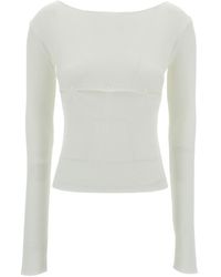 Low Classic - White Ribbed Top With Boat Neckline And Buttons In Rayon Blend Woman - Lyst