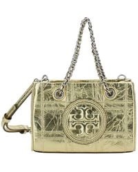 Tory Burch - 'fleming Soft' Mini Gold-colored Shoulder Bag With Embossed Logo In Metallic Leather Woman - Lyst