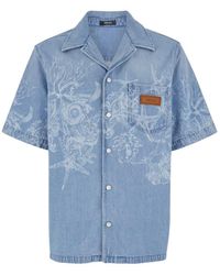 Versace - Light Blue Barocco Shirt With Barocco Sea Print In Cotton Denim Man - Lyst