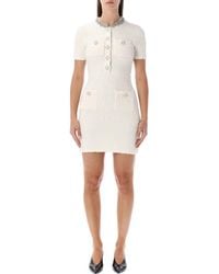 Self-Portrait - Cream Bouclé Knit Mini Dress With Crystal Buttons - Lyst