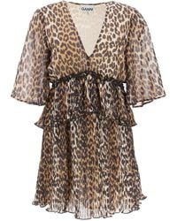 Ganni - Pleated Mini Dress With Leopard Motif - Lyst