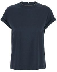 Brunello Cucinelli - Crewneck T-Shirt With Monil Detail On The Collar And Rear Cut-Out - Lyst