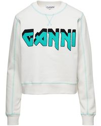 Ganni - White Crewneck Sweater With Logo Print And Contrasting Stitching In Cotton Woman - Lyst