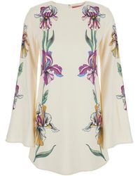 La DoubleJ - 'supremes Swing' White Mini Dress With Long Flared Sleeves And All-over Floral Print In Viscose Stretch Woman - Lyst
