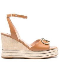 Liu Jo - Leather Wedge Sandal With Logo Plaque - Lyst