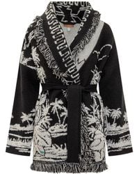 Alanui - Black Cardigan With Tropical Pattern And Fringes - Lyst