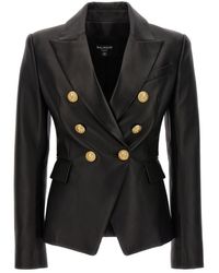 Balmain - Double-breasted Leather Blazer Blazer And Suits - Lyst