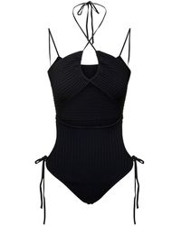 ANDREADAMO - Black Ribbed Body-suit With Cut-out Detail And Halterneck In Viscose Blend Woman - Lyst