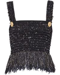 Balmain - Buttoned Fringed Tweed Cropped Top - Lyst