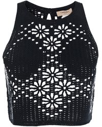 Twinset - Black Top With Knitted Design And All-over Floral Embroidery In Cotton Woman - Lyst