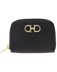 Ferragamo - Black Coin Purse With Gancino Logo In Hammered Leaher Woman - Lyst