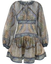 Zimmermann - 'Wanderlust' Crewneck Mini Dress With Puffed Long Sleeves And All-Over Print - Lyst