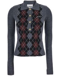 Ganni - Sweater With Classic Collar And Check Motif On The Front - Lyst