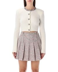 Self-Portrait - Ivory Alpaca Cropped Cardigan With Crystal Trims - Lyst