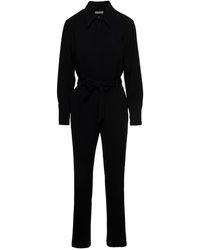 Alberto Biani - Black Jumpsuit With Classic Collar And Belt In Triacetate Blend Woman - Lyst