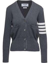 Thom Browne - Milano Cardigan With Signature 4-bar Motif In Grey Cotton Woman - Lyst