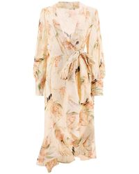 Zimmermann - Floral Print Linen Wrap Midi Dress - Lyst