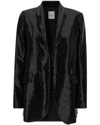 Plain - Black Single-breasted Jacket With Shawl Collar And All-over Sequins Woman - Lyst