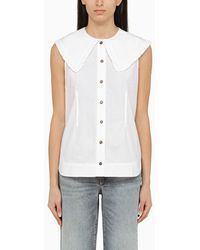Ganni - White Cotton Sleeveless Shirt With Collar - Lyst