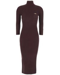 Elisabetta Franchi - Bordeaux Turtle-Neck Dress With Logo Plaque On The Front - Lyst