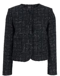 Plain - Black Jacket With Round Neck And Front Button Closure In Tweed Woman - Lyst
