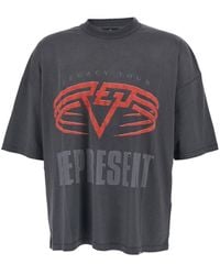 Represent - Grey Crewneck T-shirt With Maxi Logo Print On Front And Rear In Cotton Blend Man - Lyst
