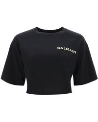 Balmain - Cropped T-shirt With Metallic Logo - Lyst