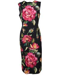 Dolce & Gabbana Silk Rose Print Midi Dress - Red
