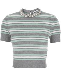 Self-Portrait - Cropped Top Wih Crewneck With Crystal Embellishments And All-Over Striped Motif - Lyst