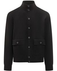 FILIPPO DE LAURENTIIS - Black Wool Cardigan With Pockets And High Collar - Lyst
