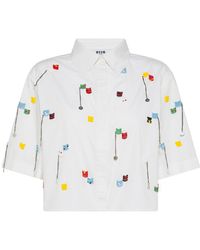 MSGM - Cropped Cotton Shirt With Embroidered Beads - Lyst