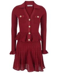 Self-Portrait - Bordeaux Flared Mini Dress With Spread Collar And V Neck - Lyst