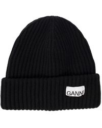 Ganni - Beenie With Logo Patch On The Front In Wool Blend - Lyst