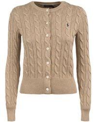 Ralph Lauren - Light Saddle Heather Cotton Cable-Knit Crew Neck Cardigan - Lyst