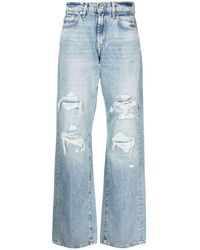 7 For All Mankind - High-waisted Straight-leg Ripped Jeans - Lyst