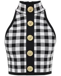 Balmain - Gingham Knit Cropped Top With Embossed Buttons - Lyst
