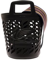 Etro - Black Bucket Bag With Multicolor Shoulder Strap And Pegasus Detail In Perforated Leather Woman - Lyst