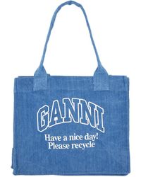 Ganni - Denim Tote Bag With Logo - Lyst