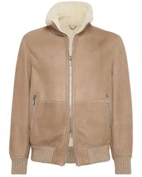 Brunello Cucinelli - Suede Jacket With Shearling Collar - Lyst