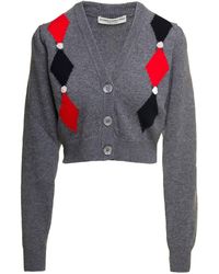 Alessandra Rich - Grey Cardigan With 'diamond' Motif And Embroidered Rose Detail In Wool Woman - Lyst